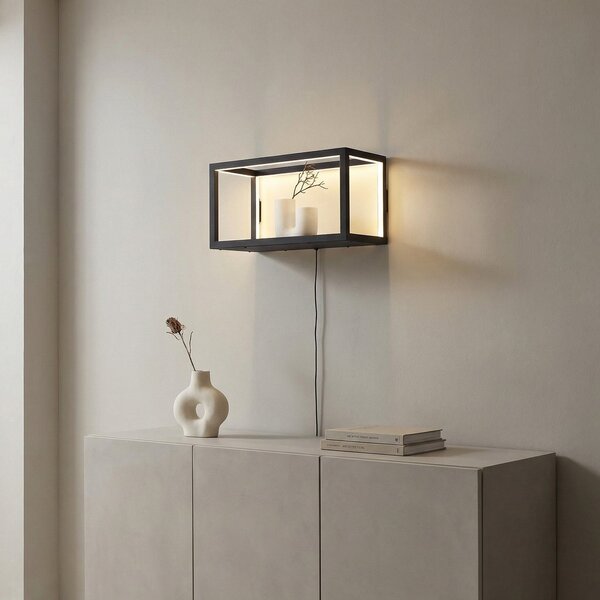Lindby LED стенна лампа Birta, щепсел, рафт, 51 cm, USB, Затъмняване, Черен, Дневна/трапезария, Метал, Модерен