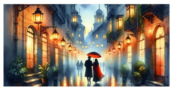 Картина на платно – Уличка, окъпана в светлина от лампи
