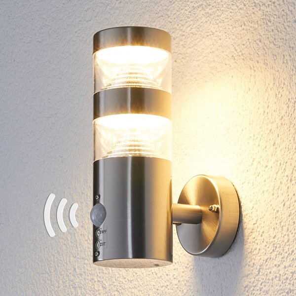Lindby LED лампа за външна стена Lanea, 22 cm, неръждаема стомана, сензор, Металик, Неръждаема стомана, Модерен