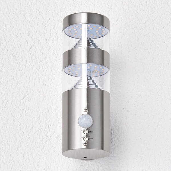 Lindby LED лампа за външна стена Lanea, 22 cm, неръждаема стомана, сензор, Металик, Неръждаема стомана, Модерен