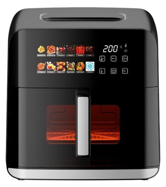 Фритюрник с горещ въздух Oliver Voltz OV51980CF, 1800W, 8 л, 80-200°C, 12 програми, Таймер, Горен и долен нагревател, Прозорец, LED, Черен
