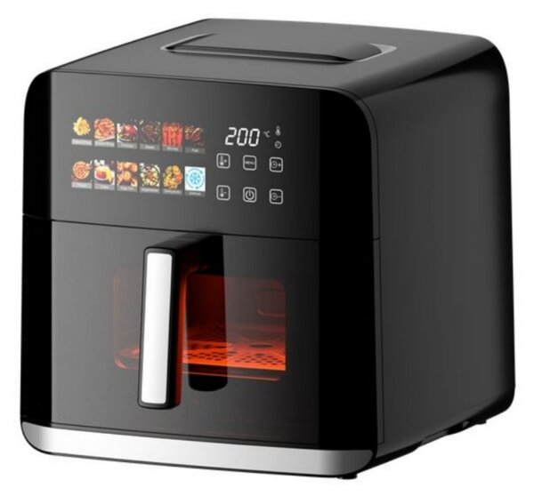 Фритюрник с горещ въздух Oliver Voltz OV51980CF, 1800W, 8 л, 80-200°C, 12 програми, Таймер, Горен и долен нагревател, Прозорец, LED, Черен