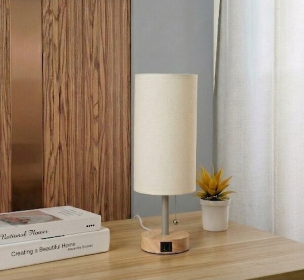 Brilagi - Настолна лампа с USB порт TABLON 1xE27/25W/230V дъбова/бежова/кремова