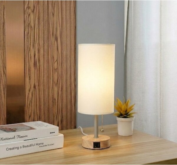 Brilagi - Настолна лампа с USB порт TABLON 1xE27/25W/230V дъбова/бежова/кремова