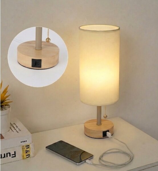 Brilagi - Настолна лампа с USB порт TABLON 1xE27/25W/230V дъбова/бежова/кремова