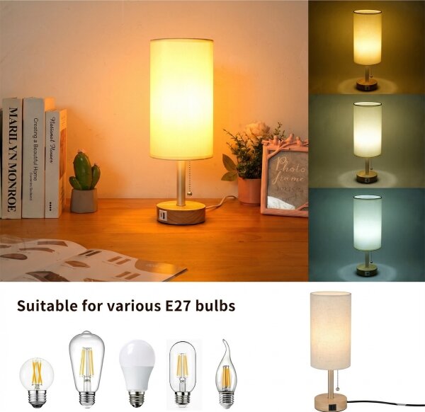 Brilagi - Настолна лампа с USB порт TABLON 1xE27/25W/230V дъбова/бежова/кремова
