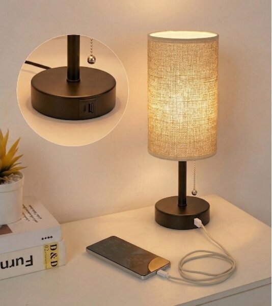Brilagi - Настолна лампа TABLON с USB порт 1xE27/25W/230V черна/бежова
