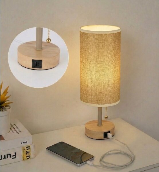 Brilagi - Настолна лампа с USB порт TABLON 1xE27/25W/230V дъб/бежова