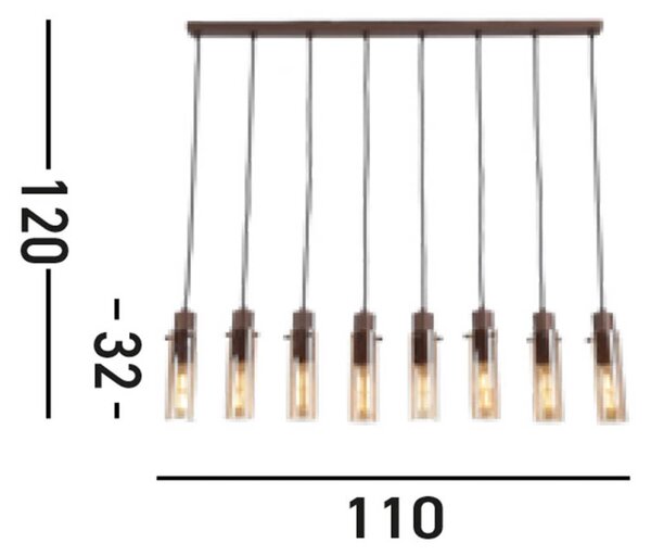 Висяща лампа Sweden II, осем лампи, дълга, стомана, стъкло, E27