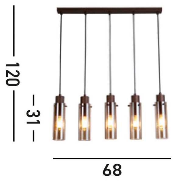 Висящо осветление Sweden II, пет осветителни тела, дълго, стомана, стъкло, E27