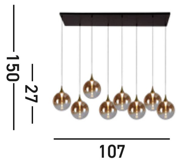 LED висящо осветление Alchemy, 8 светлини, черно, кехлибар, стъкло