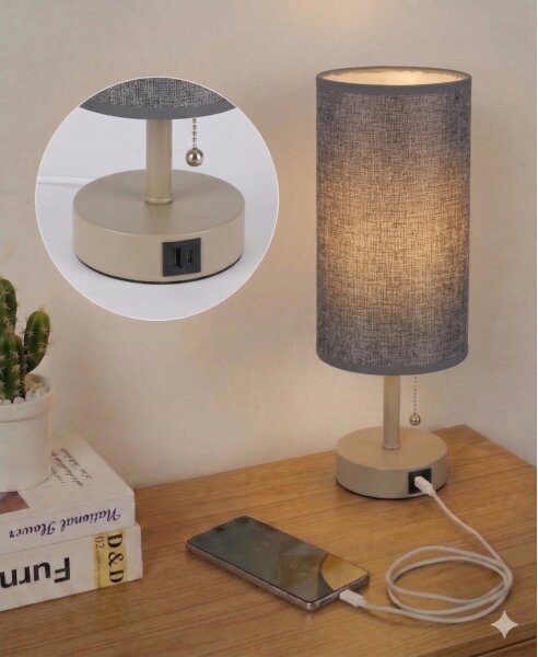Brilagi - Настолна лампа с USB порт TABLON 1xE27/25W/230V бежова/сива