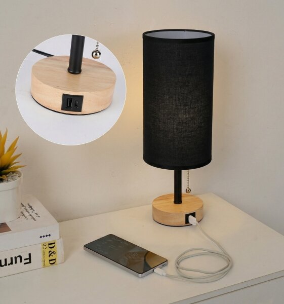 Brilagi - Настолна лампа с USB порт TABLON 1xE27/25W/230V дъб/черен