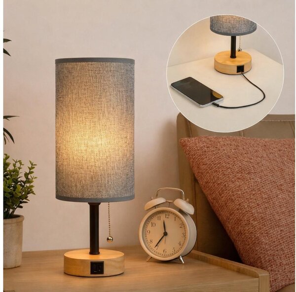 Brilagi - Настолна лампа с USB порт TABLON 1xE27/25W/230V дъб/черен/сив