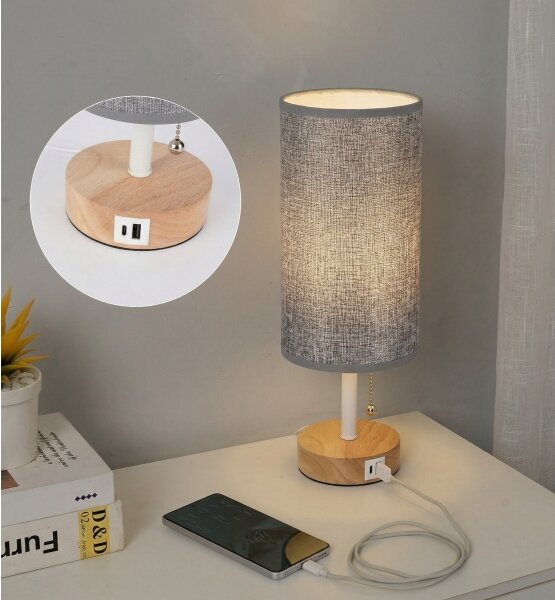 Brilagi - Настолна лампа с USB порт TABLON 1xE27/25W/230V дъб/бяла/сива