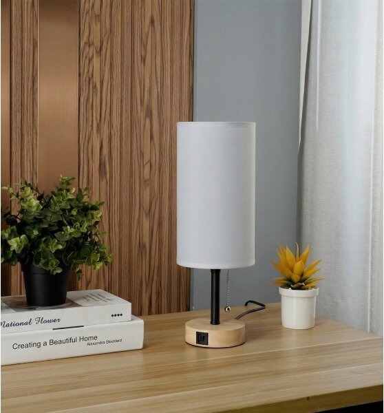 Brilagi - Настолна лампа с USB порт TABLON 1xE27/25W/230V дъб/черен/бял