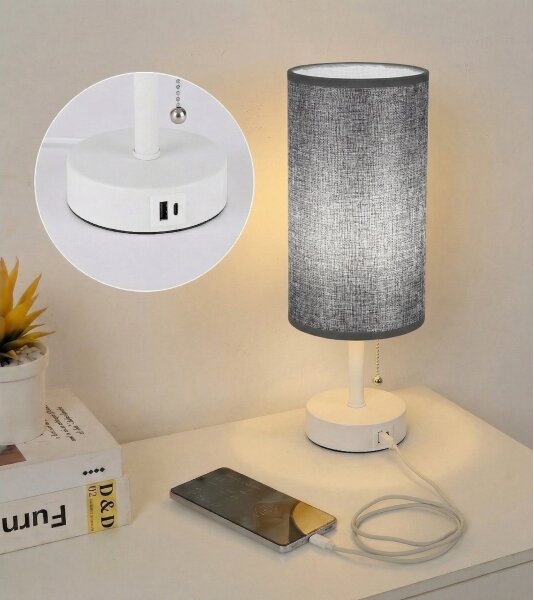 Brilagi - Настолна лампа с USB порт TABLON 1xE27/25W/230V бяла/сива