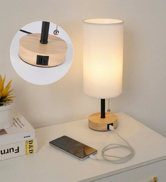 Brilagi - Настолна лампа с USB порт TABLON 1xE27/25W/230V дъб/черен/бял