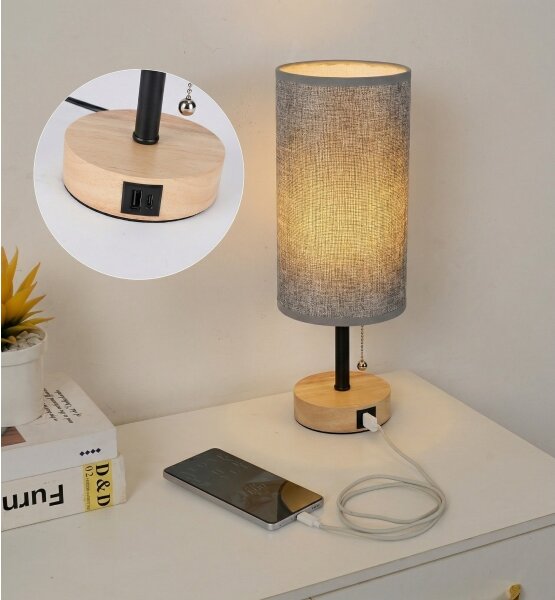 Brilagi - Настолна лампа с USB порт TABLON 1xE27/25W/230V дъб/черен/сив