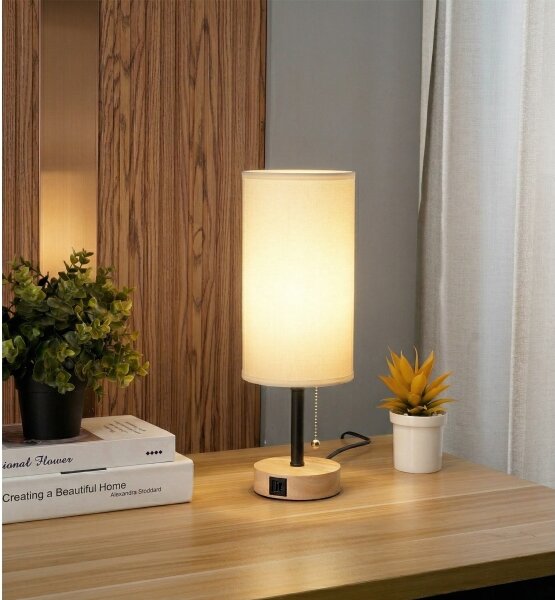 Brilagi - Настолна лампа с USB порт TABLON 1xE27/25W/230V дъб/черен/бял