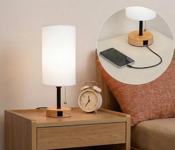 Brilagi - Настолна лампа с USB порт TABLON 1xE27/25W/230V дъб/черен/бял