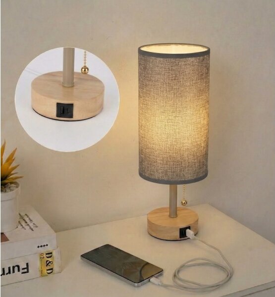 Brilagi - Настолна лампа с USB порт TABLON 1xE27/25W/230V дъб/бежова/сива