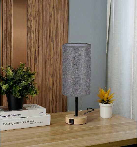 Brilagi - Настолна лампа с USB порт TABLON 1xE27/25W/230V дъб/черен/сив