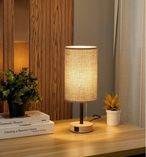 Brilagi - Настолна лампа с USB порт TABLON 1xE27/25W/230V дъб/черен/сив