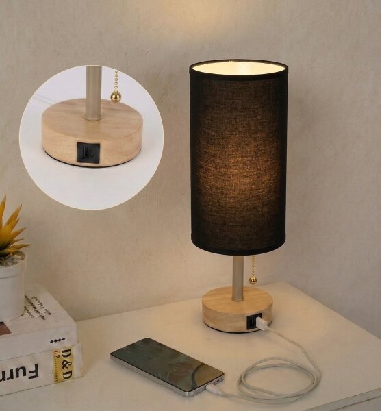 Brilagi - Настолна лампа с USB порт TABLON 1xE27/25W/230V дъб/бежова/черна