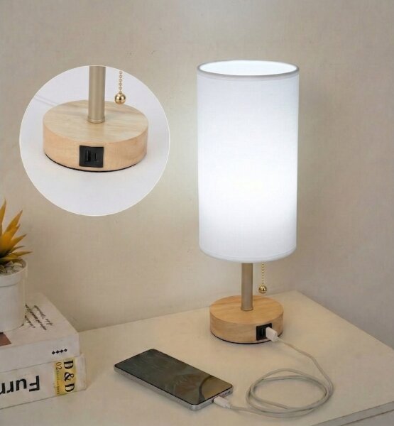 Brilagi - Настолна лампа с USB порт TABLON 1xE27/25W/230V дъб/бежова/бяла