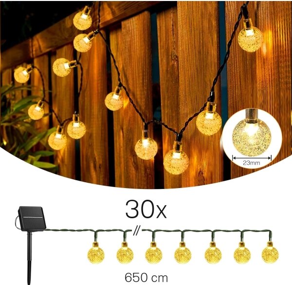 Соларен декоративен LED гирлянд 30xLED/8 функции 500 mAh 6,5 m IP67 топла бяла