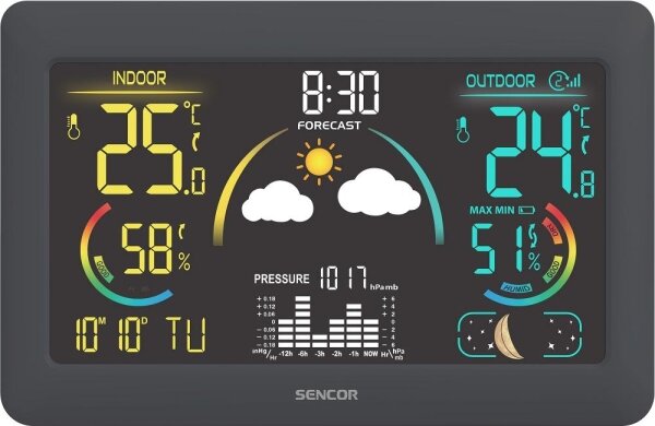 Sencor - Метеорологична станция с цветен LCD дисплей и будилник 3xAA