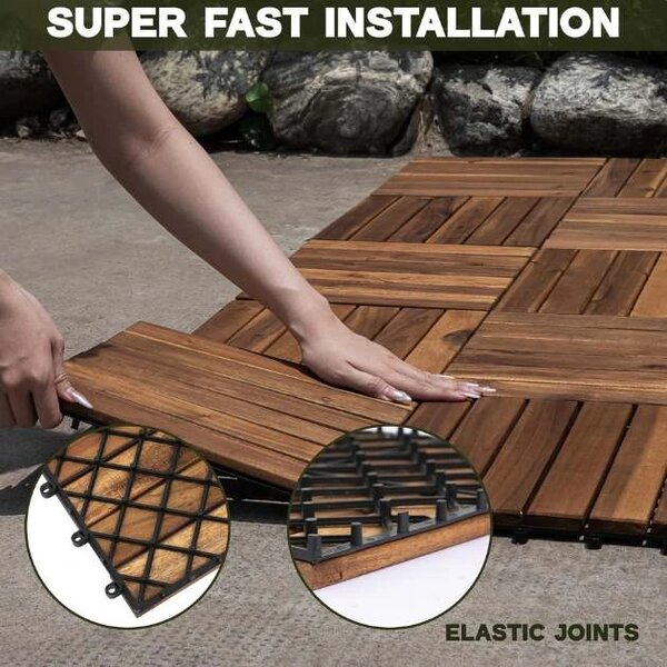 Woodytile™ Свързващи дървени подови плочки - 12 бр (30x30cm) = 1,08 M², Кафяв