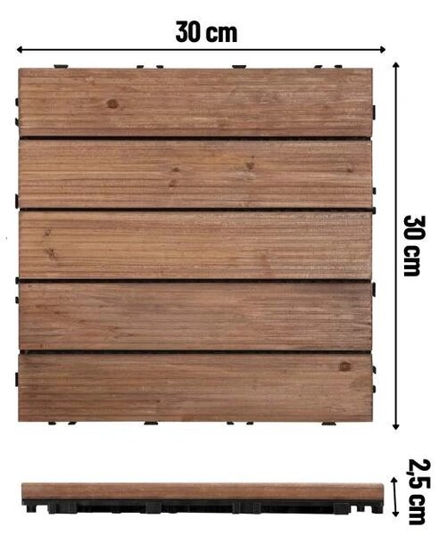 Woodytile™ Свързващи дървени подови плочки - 12 бр (30x30cm) = 1,08 M², Кафяв