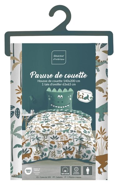 Бяло/зелено единично памучно детско спално бельо 140x200 cm Dina – douceur d'intérieur