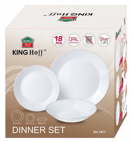 Сервиз за хранене Kinghoff KH 1877, 18 части, За 6 души, Опал, Подходящи за съдомиялна машина, Бял/сребрист