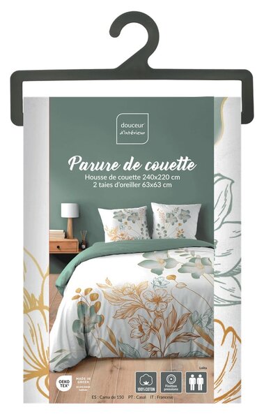 Бяло/зелено двойно удължено памучно спално бельо 240x220 cm Lolita – douceur d'intérieur