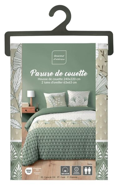 Бяло/зелено двойно удължено памучно спално бельо 240x220 cm Poetine – douceur d'intérieur