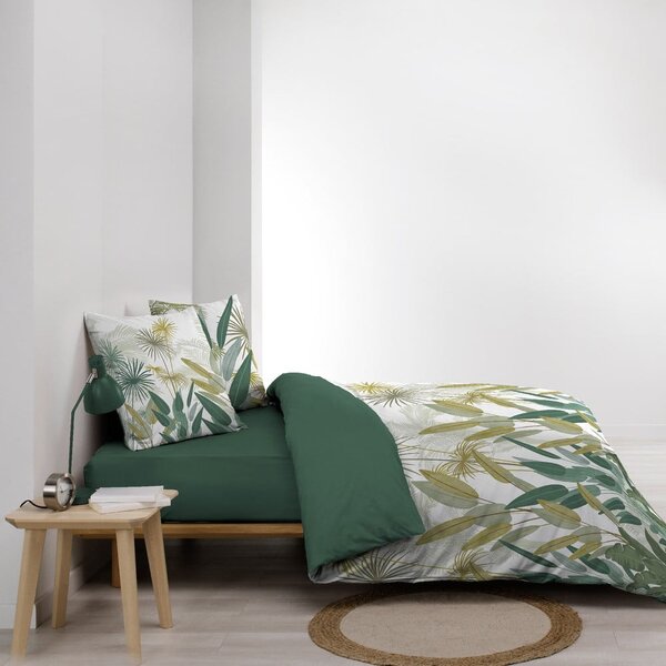 Бяло/зелено двойно удължено памучно спално бельо 240x220 cm Otika – douceur d'intérieur
