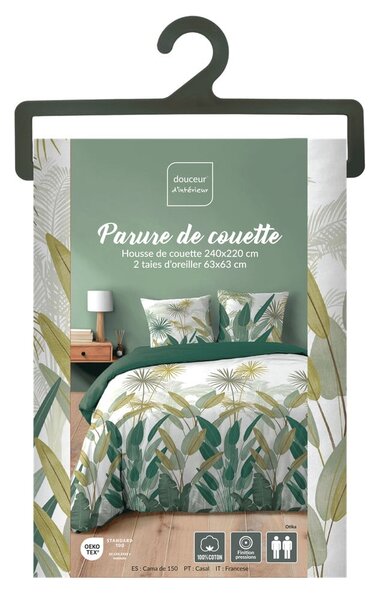 Бяло/зелено двойно удължено памучно спално бельо 240x220 cm Otika – douceur d'intérieur