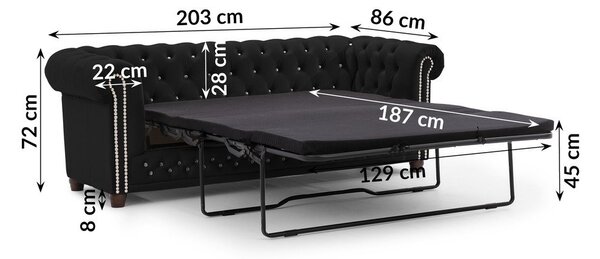 Черен кадифен разтегателен диван 203 cm York Blik – Ropez