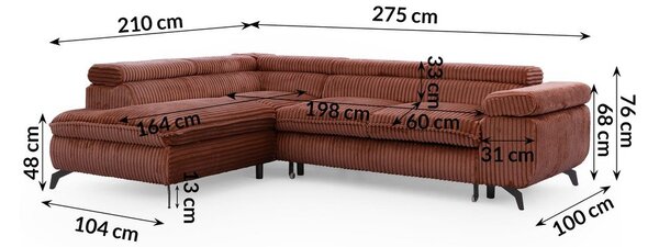 Теракотен ъглов диван от рипсено кадифе (ляв ъгъл L форма) Marbeya – Ropez