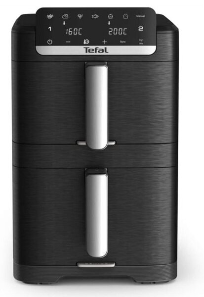 Фритюрник с горещ въздух Tefal EY7568E0, 10 л. вместимост, двойна кошница, 7 програми, LCD екран, 2700W