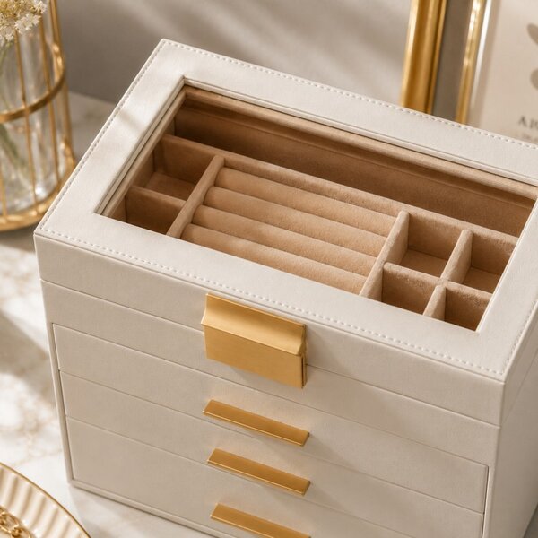 Бежова кутия за бижута с чекмеджета и отделения, 25 x 21 x 15 см