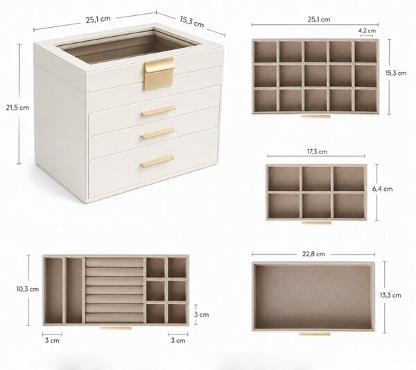 Бежова кутия за бижута с чекмеджета и отделения, 25 x 21 x 15 см