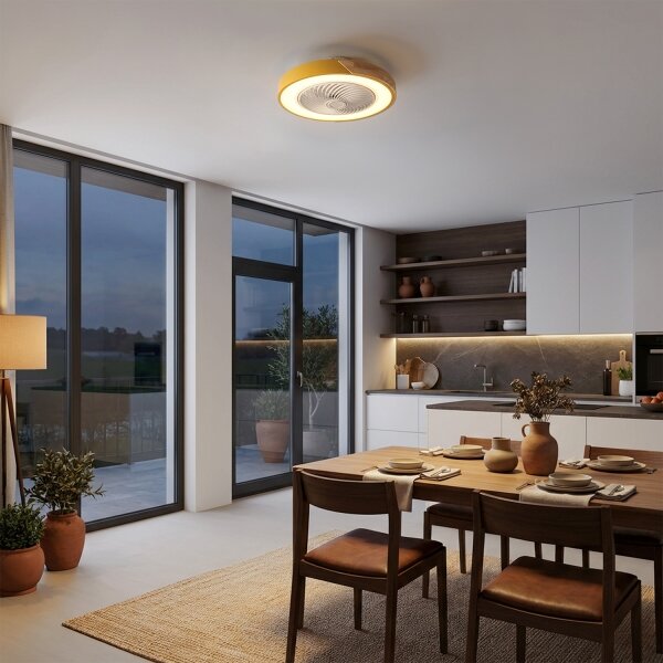 Brilagi - Димируемо LED осветително тяло с вентилатор LED/38W/230V 50 см златисто/дъб + дистанционно управление