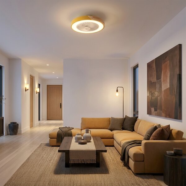 Brilagi - Димируемо LED осветително тяло с вентилатор LED/38W/230V 50 см златисто/дъб + дистанционно управление