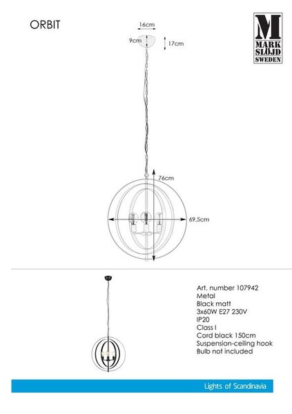 Черно висящо осветително тяло Pendant 3L Orbit - Markslöjd