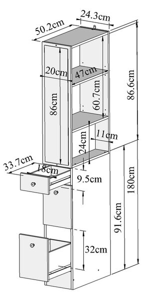 Бял висок шкаф за баня с огледало 24x180 cm Combi - TemaHome