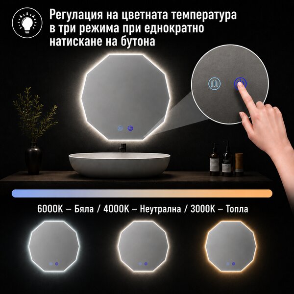 Огледало за баня с LED осветление и функция против изпотяване Ориана
